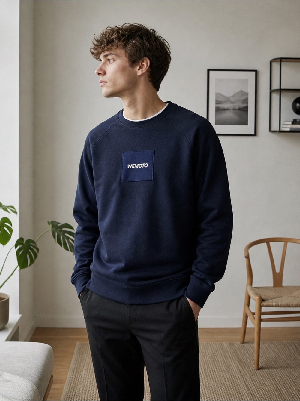 Wemoto Minimalist Crewneck Sweatshirt Navy Scandinavian Style Size M